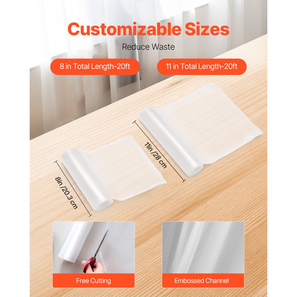 VEVOR Vacuum Sealer Bags, 3 Rolls 11 In x 20 Ft & 3 Rolls 8 In x 20 Ft, Non-BPA Food Grade Seal A Meal Freezer Bag, Customizable Vac Sealing Food Saver Bags, Storage Vac Bag for Meal Prep or Sous Vide