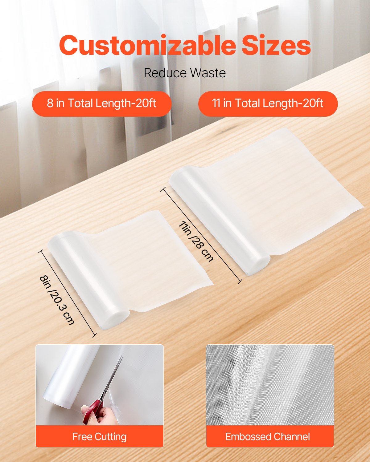 VEVOR Vacuum Sealer Bags, 3 Rolls 11 In x 20 Ft & 3 Rolls 8 In x 20 Ft, Non-BPA Food Grade Seal A Meal Freezer Bag, Customizable Vac Sealing Food Saver Bags, Storage Vac Bag for Meal Prep or Sous Vide