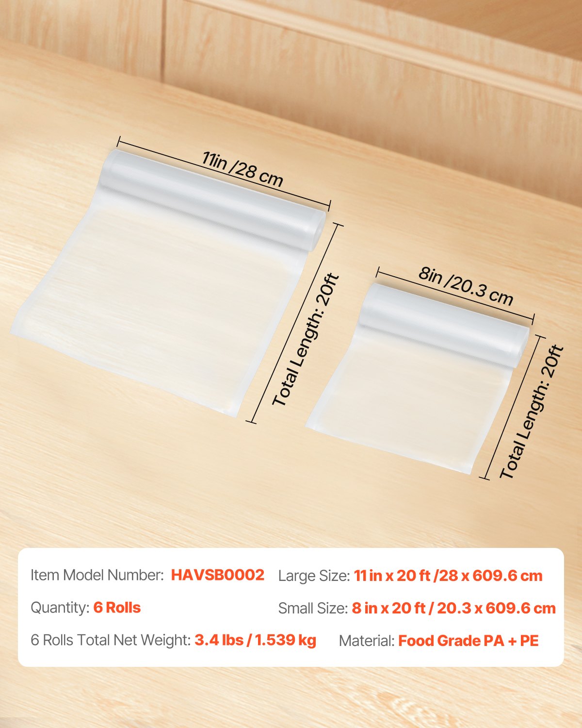 VEVOR Vacuum Sealer Bags, 3 Rolls 11 In x 20 Ft & 3 Rolls 8 In x 20 Ft, Non-BPA Food Grade Seal A Meal Freezer Bag, Customizable Vac Sealing Food Saver Bags, Storage Vac Bag for Meal Prep or Sous Vide