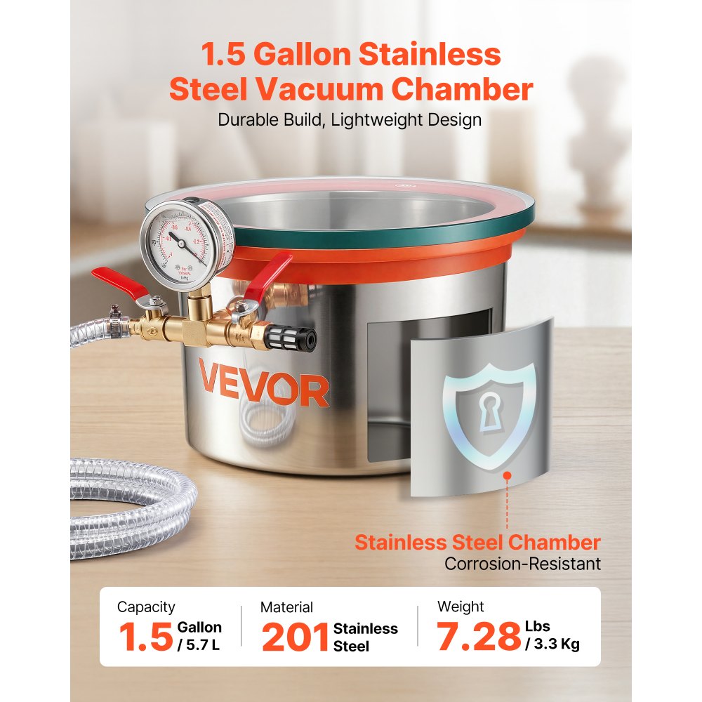 VEVOR 5.7 L Vacuum Chamber, Stainless Steel, Vacuum Degassing Chamber with Tempered Glass Lid, Hose, Air Filter, Ideal for Resin Casting, Stabilizing Wood, Degassing Silicone, Epoxies, Essential Oils