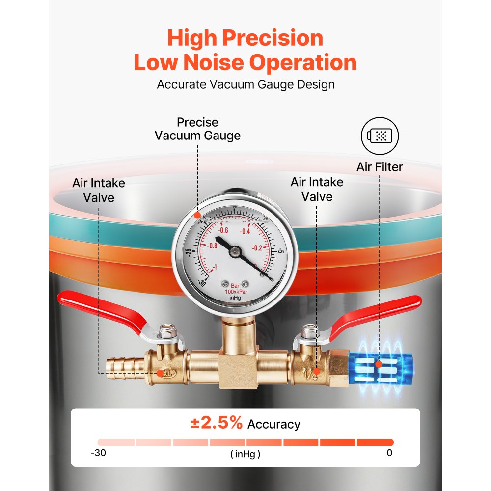 VEVOR 5.7 L Vacuum Chamber, Stainless Steel, Vacuum Degassing Chamber with Tempered Glass Lid, Hose, Air Filter, Ideal for Resin Casting, Stabilizing Wood, Degassing Silicone, Epoxies, Essential Oils