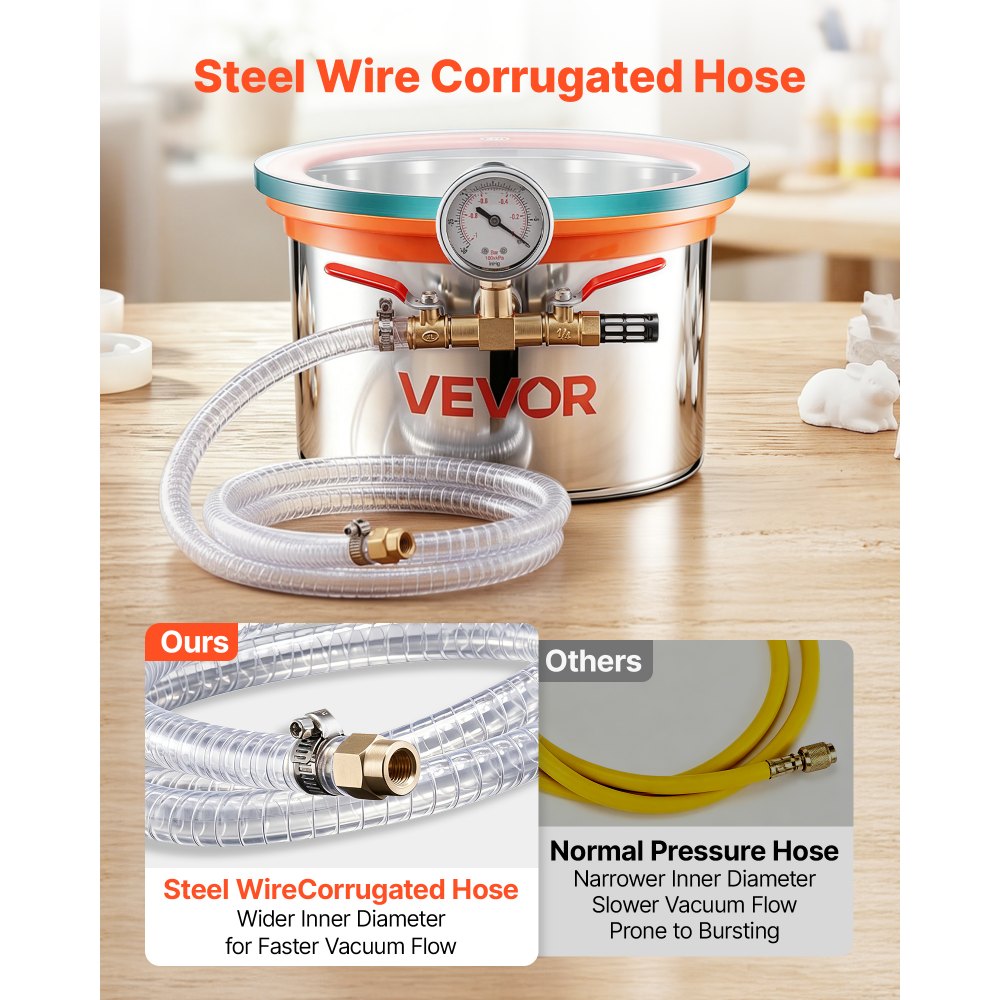 VEVOR 5.7 L Vacuum Chamber, Stainless Steel, Vacuum Degassing Chamber with Tempered Glass Lid, Hose, Air Filter, Ideal for Resin Casting, Stabilizing Wood, Degassing Silicone, Epoxies, Essential Oils