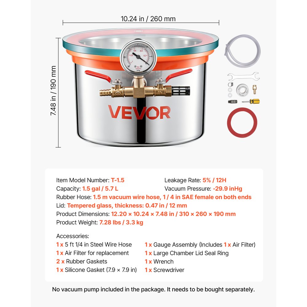 VEVOR 5.7 L Vacuum Chamber, Stainless Steel, Vacuum Degassing Chamber with Tempered Glass Lid, Hose, Air Filter, Ideal for Resin Casting, Stabilizing Wood, Degassing Silicone, Epoxies, Essential Oils