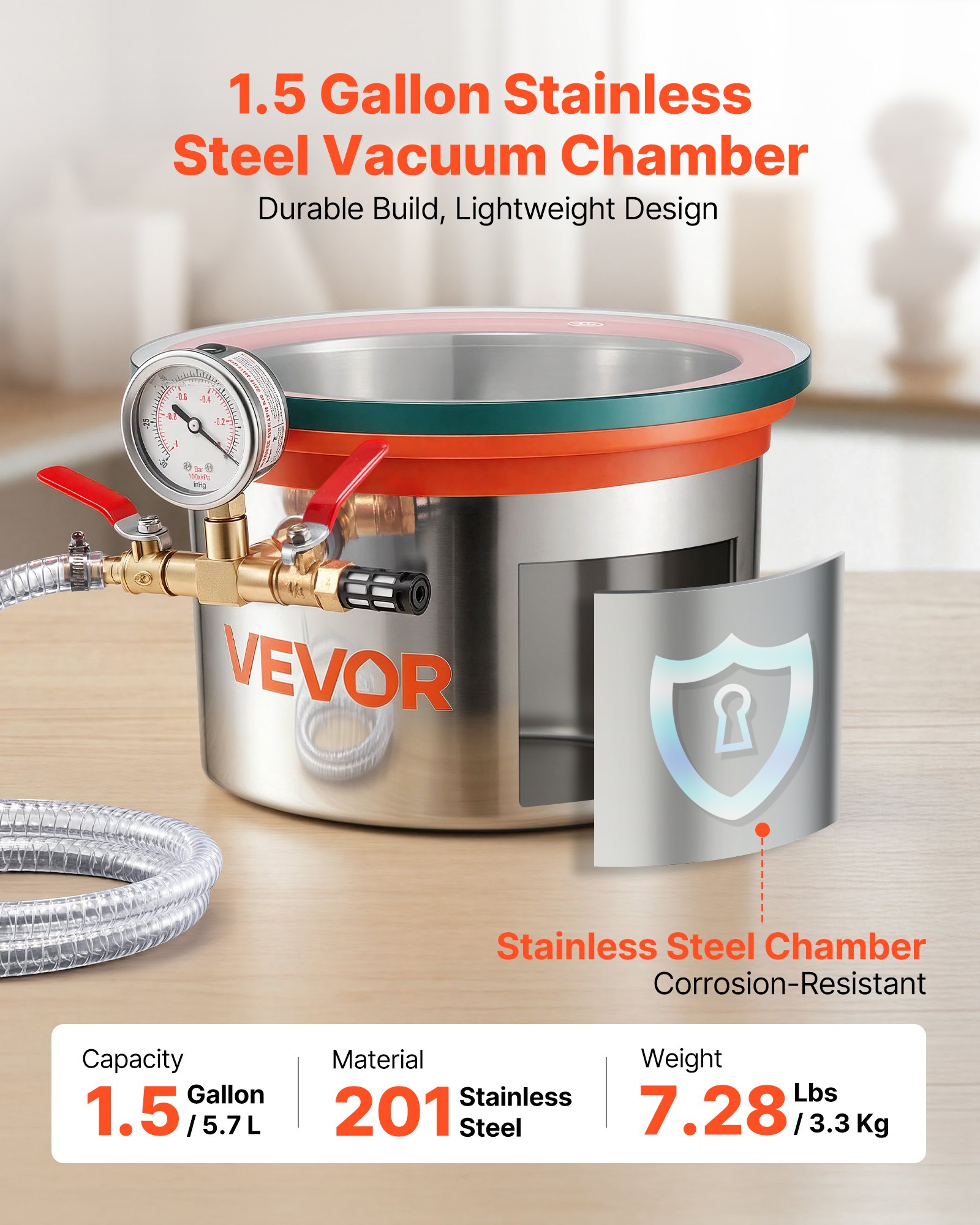 VEVOR 5.7 L Vacuum Chamber, Stainless Steel, Vacuum Degassing Chamber with Tempered Glass Lid, Hose, Air Filter, Ideal for Resin Casting, Stabilizing Wood, Degassing Silicone, Epoxies, Essential Oils