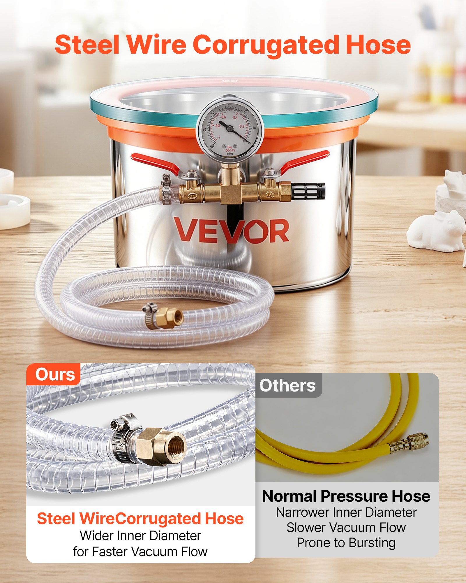 VEVOR 5.7 L Vacuum Chamber, Stainless Steel, Vacuum Degassing Chamber with Tempered Glass Lid, Hose, Air Filter, Ideal for Resin Casting, Stabilizing Wood, Degassing Silicone, Epoxies, Essential Oils
