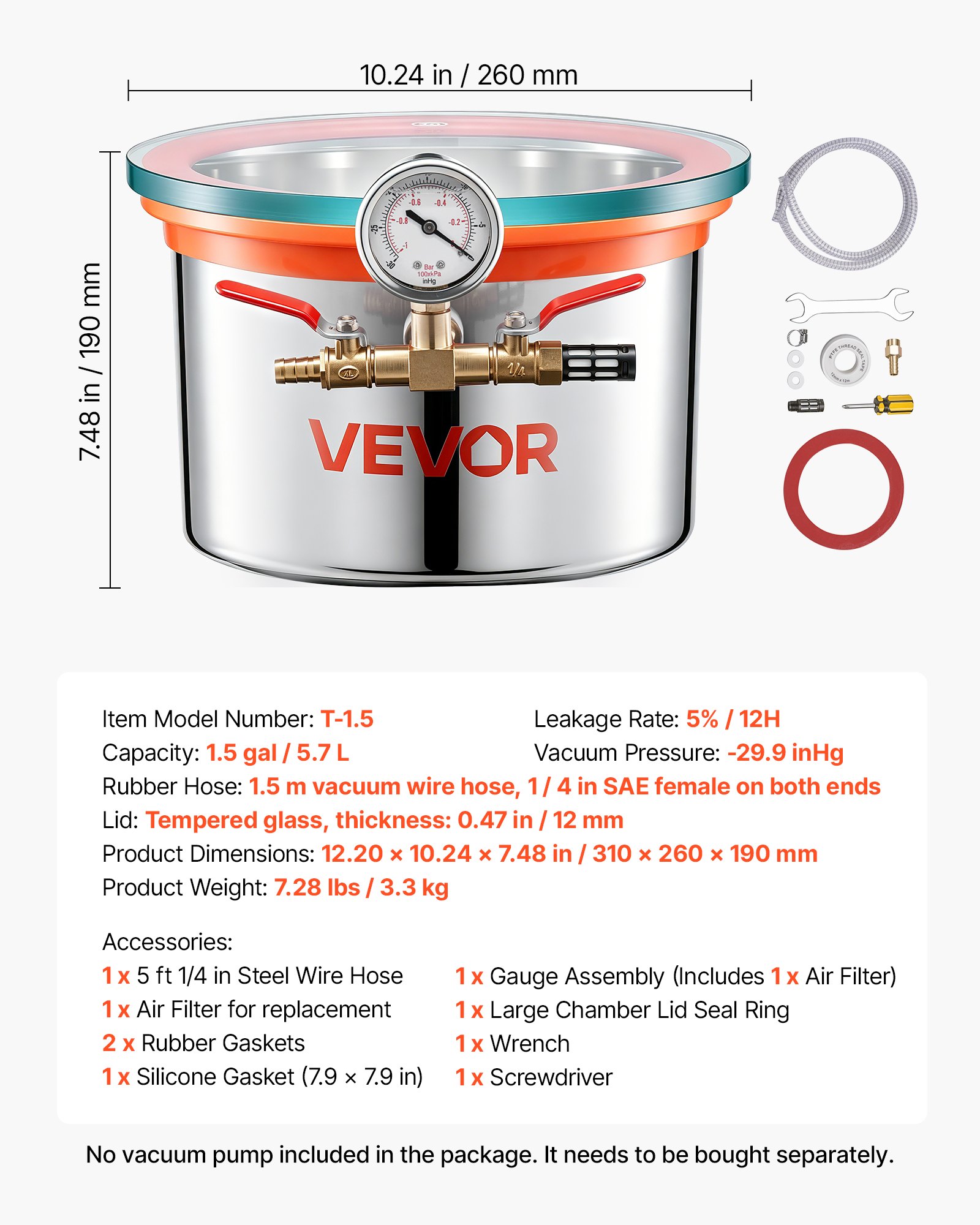 VEVOR 5.7 L Vacuum Chamber, Stainless Steel, Vacuum Degassing Chamber with Tempered Glass Lid, Hose, Air Filter, Ideal for Resin Casting, Stabilizing Wood, Degassing Silicone, Epoxies, Essential Oils