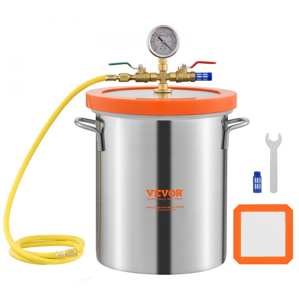 VEVOR vacuum chamber with stainless steel body, orange lid, pressure gauge, and attached yellow hose.