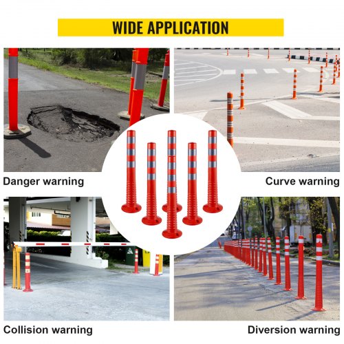 VEVOR Traffic Delineator, 6 PCS Posts Channelizer Cone, Delineator Post Kit 30” in Height, PU Traffic Post, Orange Safety Cones, Portable Spring Posts with Base, Barrier Cones with Reflective Bands