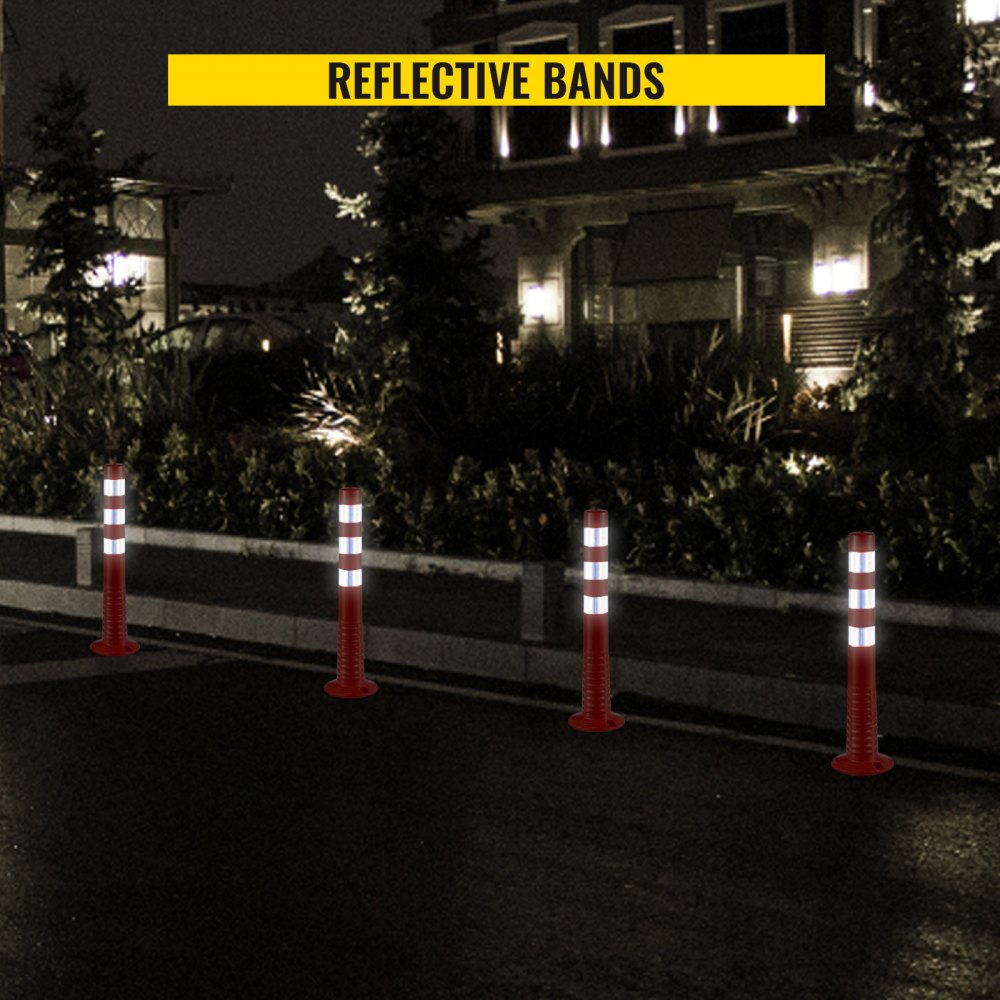 VEVOR traffic delineator cones with reflective bands on a dark street.