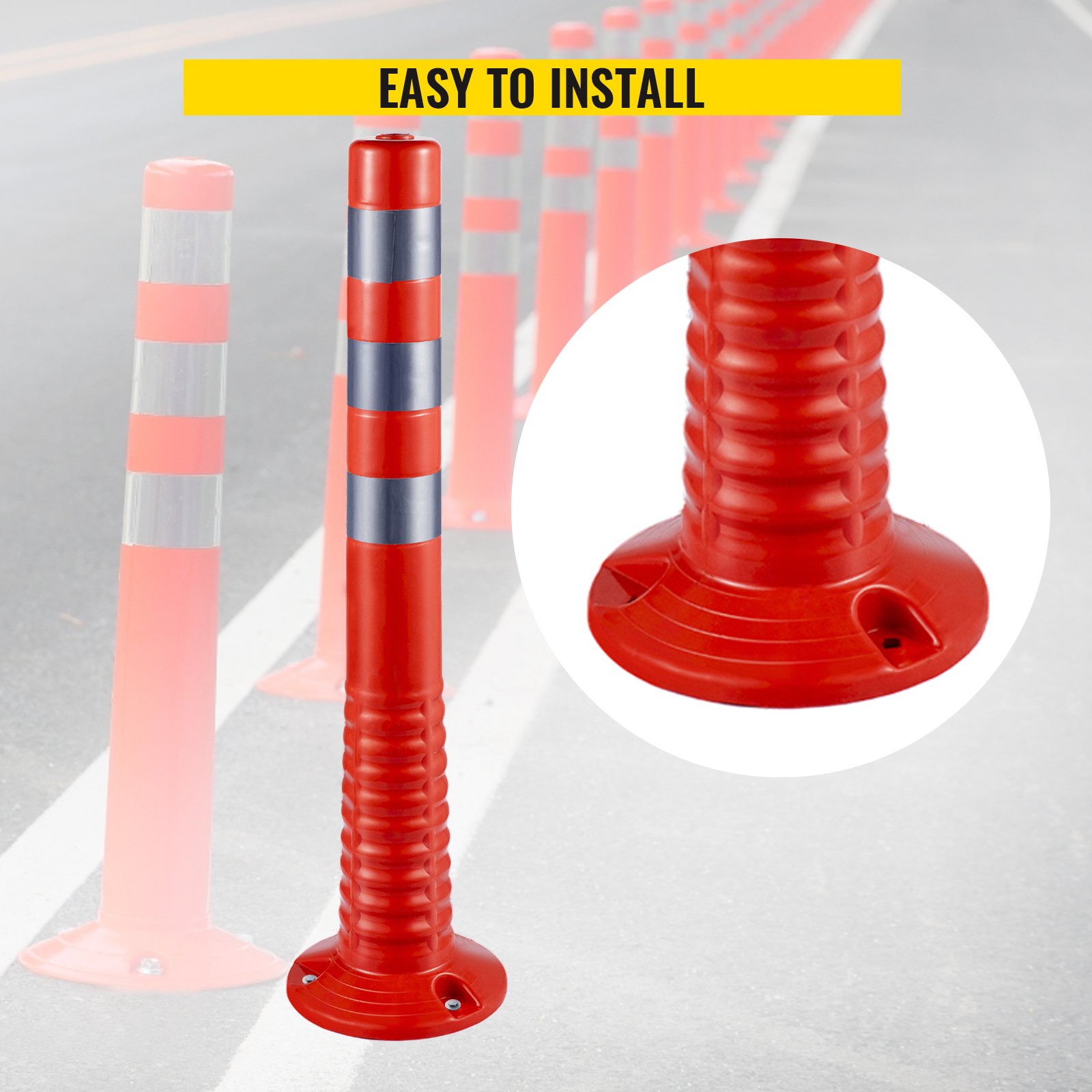 VEVOR traffic delineator cones with reflective stripes, easy to install on roadways.