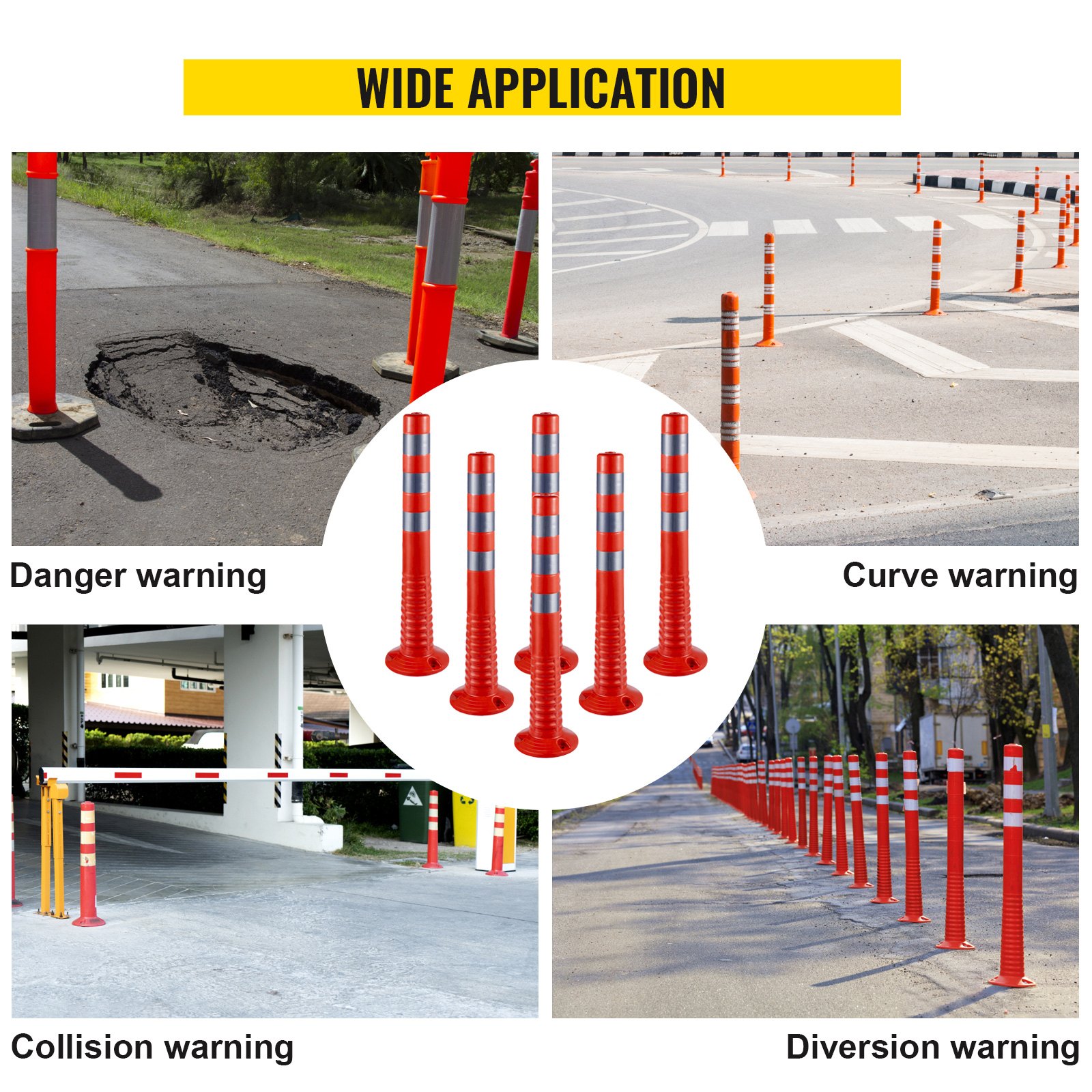 VEVOR traffic delineator cones for danger, curve, collision, and diversion warnings.