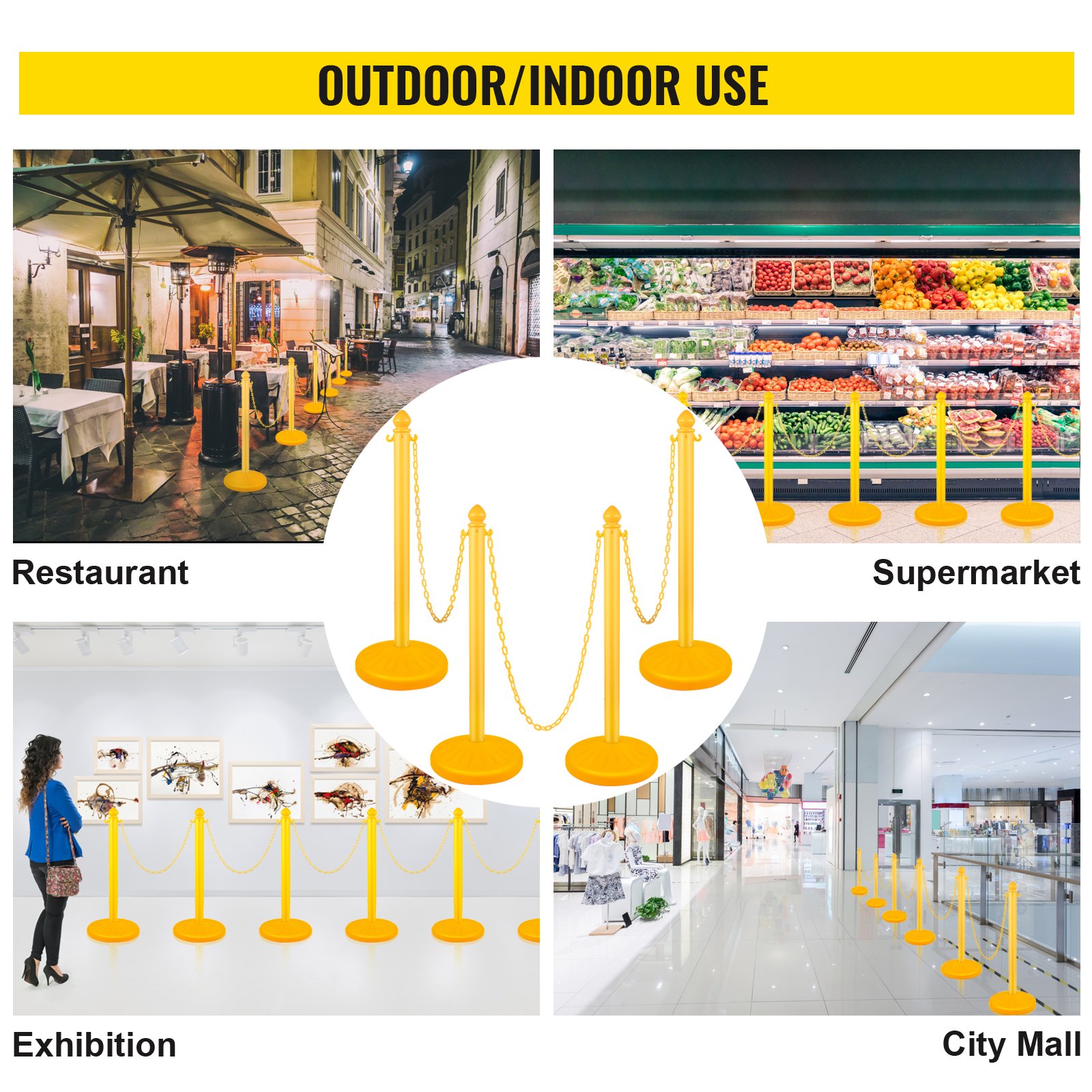 VEVOR Plastic Stanchion, 4pcs Chain Stanchion, Outdoor Stanchion w/ 4 x 39.5in Long Chains, PE Plastic Crowd Control Barrier for Warning/Crowd Control at Restaurant, Supermarket, Exhibition, City Mall