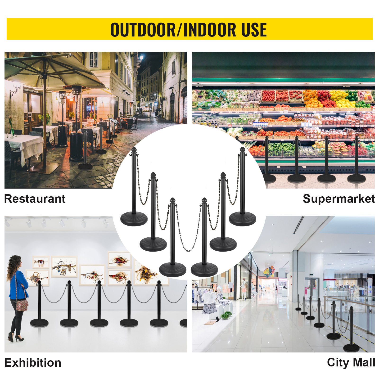 VEVOR Plastic Stanchion, 6pcs Chain Stanchion, Outdoor Stanchion wi 6 x 39inch Long Chains, PE Plastic Crowd Control Barrier for Warning Crowd Control at Restaurant, Supermarket, Exhibition, City Mall