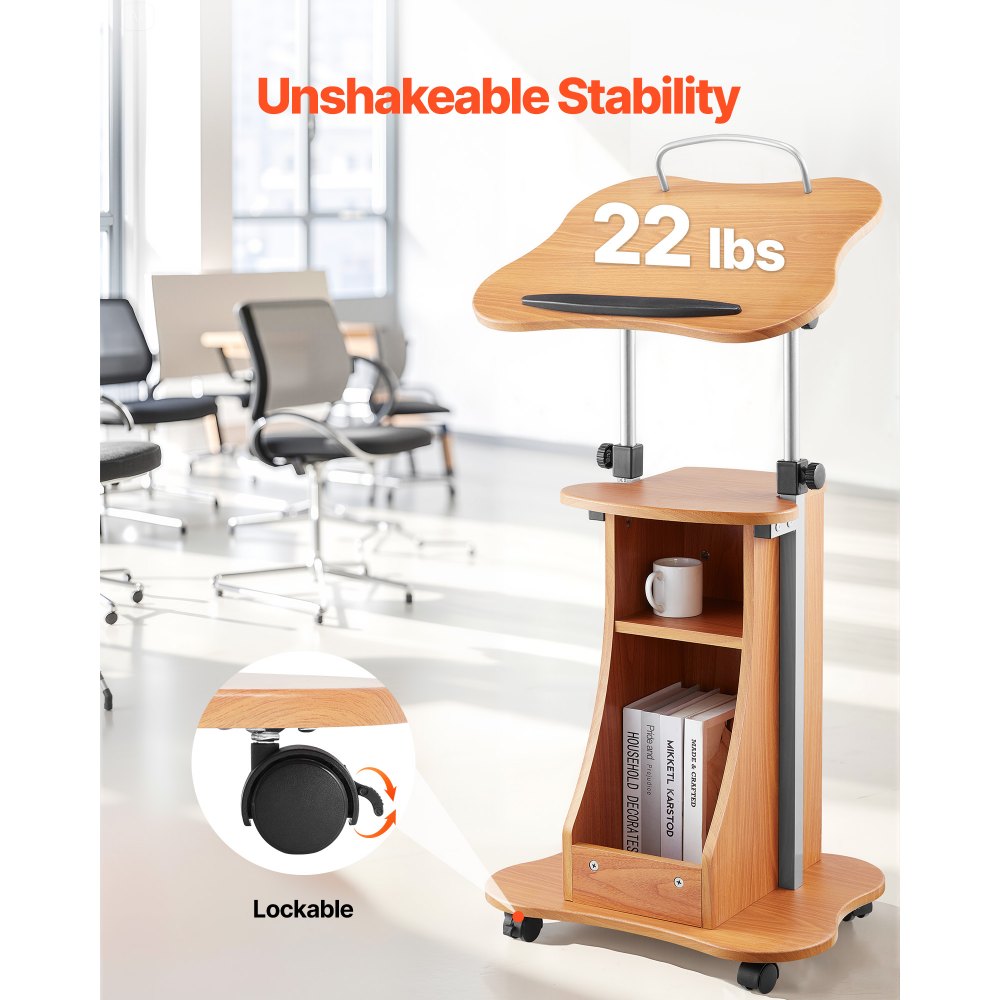 VEVOR Podium Stand, 43-Inch Wooden Lectern, Portable Laptop Desk with Lockable Wheels, Wide Reading Surface and Open Storage Area, Adjustable Height and Angle, for Speeches, Lectures, or Presentations