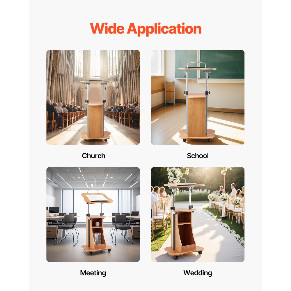 VEVOR Podium Stand, 43-Inch Wooden Lectern, Portable Laptop Desk with Lockable Wheels, Wide Reading Surface and Open Storage Area, Adjustable Height and Angle, for Speeches, Lectures, or Presentations