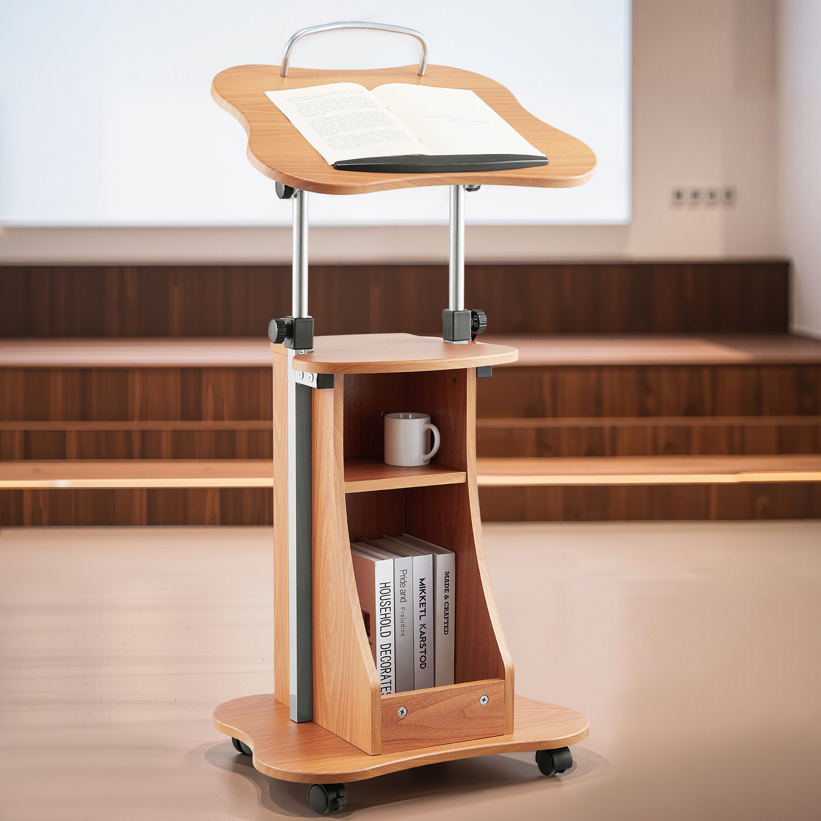 VEVOR Podium Stand, 43-Inch Wooden Lectern, Portable Laptop Desk with Lockable Wheels, Wide Reading Surface and Open Storage Area, Adjustable Height and Angle, for Speeches, Lectures, or Presentations