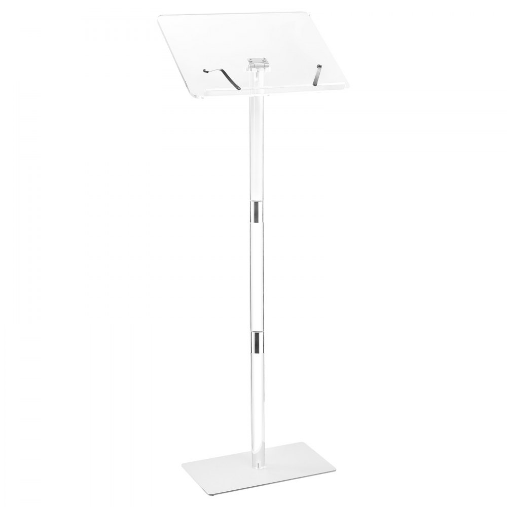 VEVOR Podium Stand, 43-Inch Acrylic Lectern, Portable Laptop Desk with Wide Reading Surface, Book Clips, Adjustable Angle, Floor-Standing, for Classroom, Wedding, Conference, Lecture and Concert