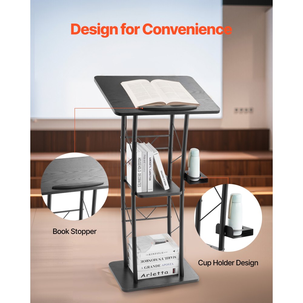 VEVOR Podium Stand, 47-Inch Metal Lectern, Curved Standing Podium with Wide Reading Surface, Open Storage Compartment, Book Stopper, Cup Holder, for Classroom, Wedding, Conference, Speech, and Concert