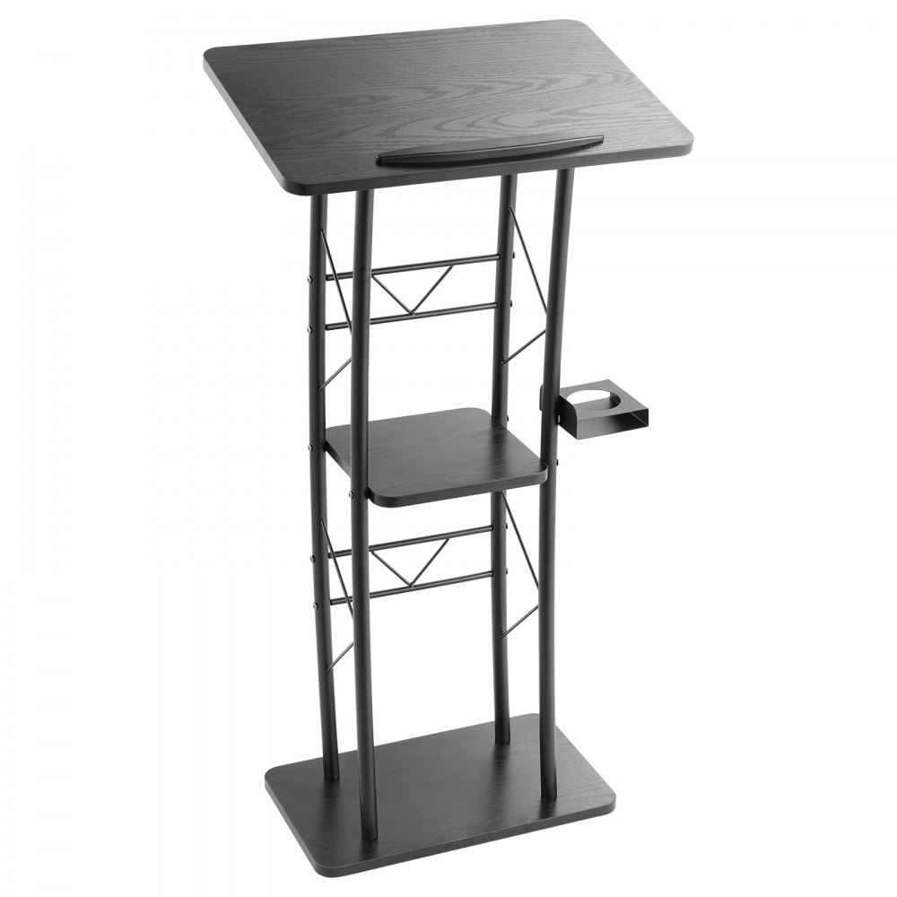VEVOR Podium Stand, 47-Inch Metal Lectern, Curved Standing Podium with Wide Reading Surface, Open Storage Compartment, Book Stopper, Cup Holder, for Classroom, Wedding, Conference, Speech, and Concert