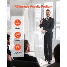 Podium Stand 43 in Portable Acrylic Lectern Storage Shelf Wide Reading Surface