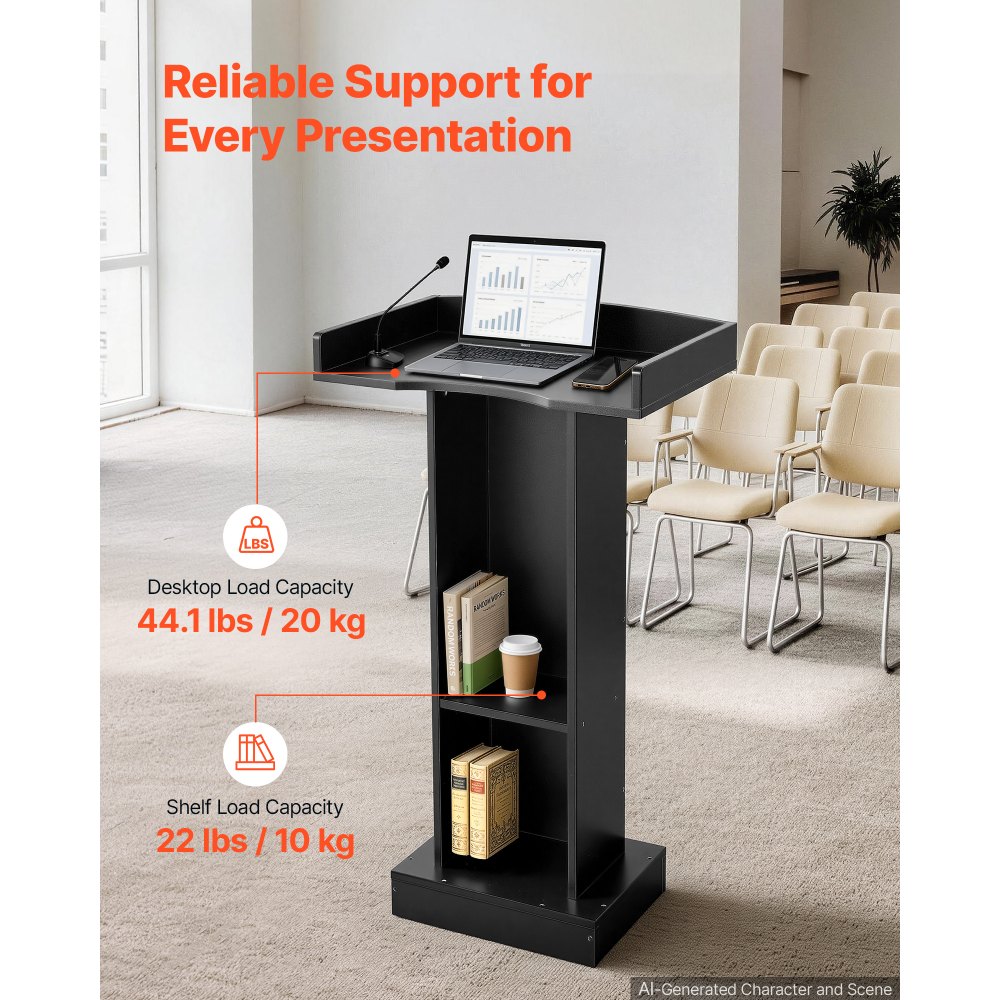 VEVOR Podium Stand, 106 cm Wooden Lectern Laptop Desk with Storage Shelf, for Schools, Churches and Events, Presentation Lectern Stand with Storage Shelf, Three-Sided Panels, Fixed Base, Book Stop