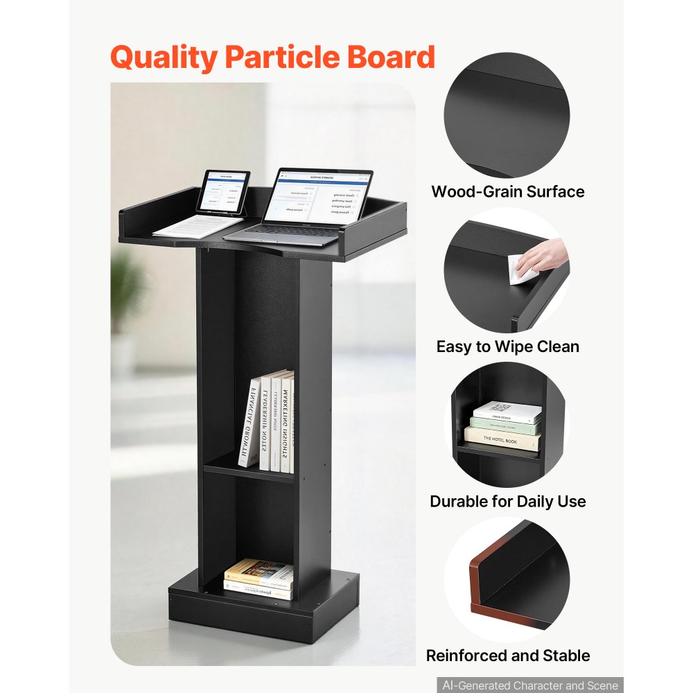 VEVOR Podium Stand, 106 cm Wooden Lectern Laptop Desk with Storage Shelf, for Schools, Churches and Events, Presentation Lectern Stand with Storage Shelf, Three-Sided Panels, Fixed Base, Book Stop