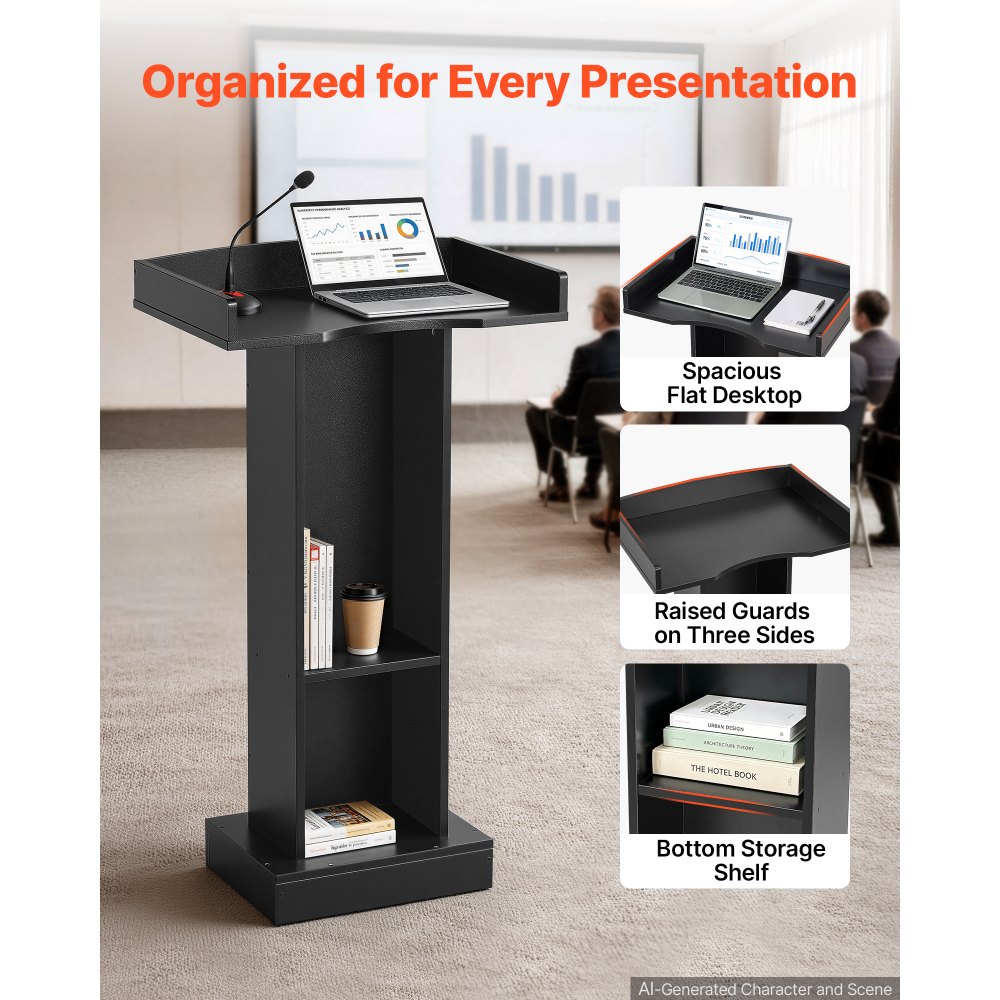VEVOR Podium Stand, 106 cm Wooden Lectern Laptop Desk with Storage Shelf, for Schools, Churches and Events, Presentation Lectern Stand with Storage Shelf, Three-Sided Panels, Fixed Base, Book Stop