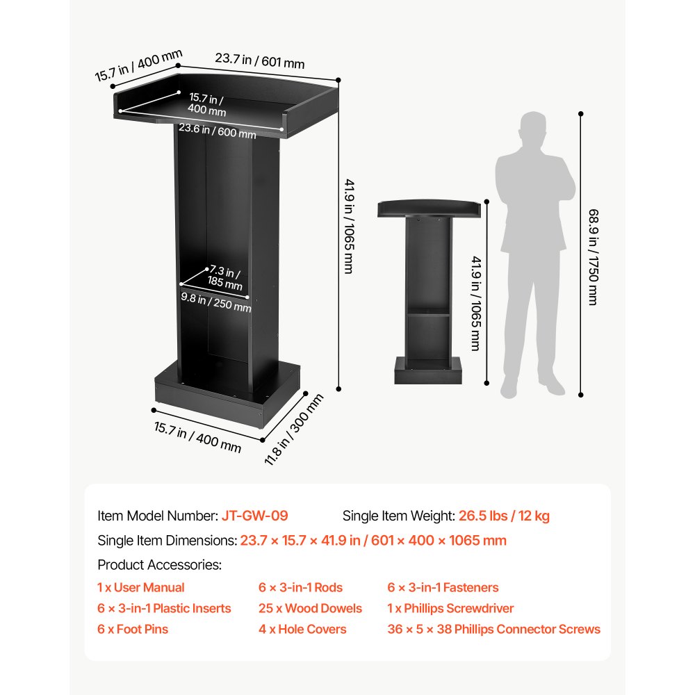 VEVOR Podium Stand, 106 cm Wooden Lectern Laptop Desk with Storage Shelf, for Schools, Churches and Events, Presentation Lectern Stand with Storage Shelf, Three-Sided Panels, Fixed Base, Book Stop