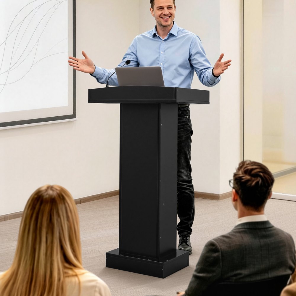VEVOR Podium Stand, 106 cm Wooden Lectern Laptop Desk with Storage Shelf, for Schools, Churches and Events, Presentation Lectern Stand with Storage Shelf, Three-Sided Panels, Fixed Base, Book Stop