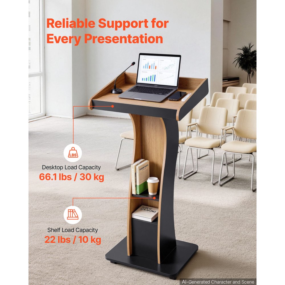 VEVOR Podium Stand, 120 cm Wooden Lectern Mobile Laptop Desk Storage Shelf, for Schools, Churches and Events, Portable Presentation Lectern Stand with Storage Shelf, Three-Sided Panels, and Book Stop