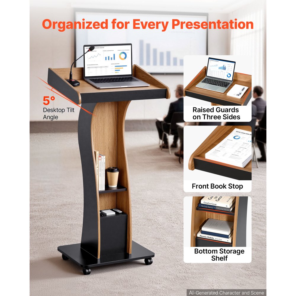 VEVOR Podium Stand, 120 cm Wooden Lectern Mobile Laptop Desk Storage Shelf, for Schools, Churches and Events, Portable Presentation Lectern Stand with Storage Shelf, Three-Sided Panels, and Book Stop