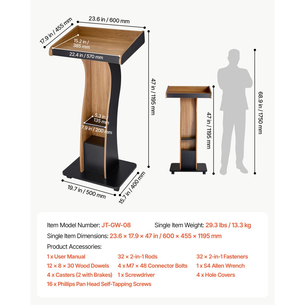 VEVOR Podium Stand, 120 cm Wooden Lectern Mobile Laptop Desk Storage Shelf, for Schools, Churches and Events, Portable Presentation Lectern Stand with Storage Shelf, Three-Sided Panels, and Book Stop