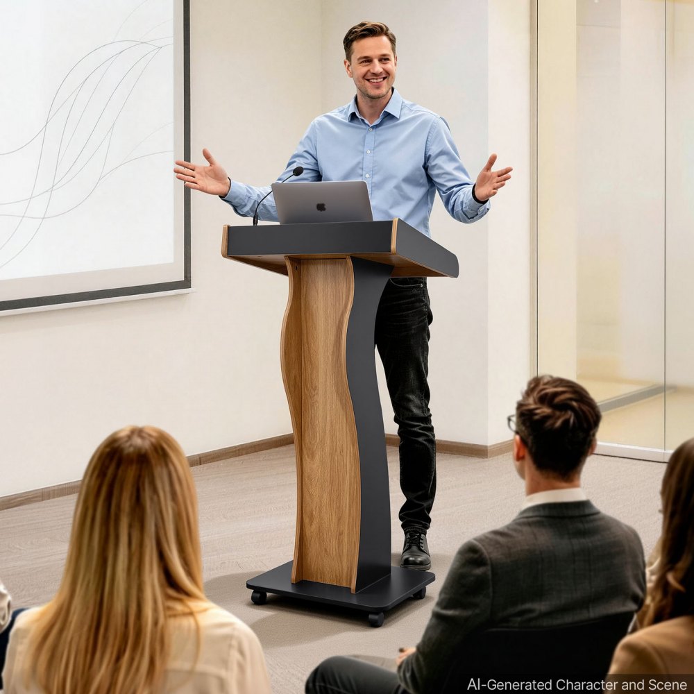 VEVOR Podium Stand, 120 cm Wooden Lectern Mobile Laptop Desk Storage Shelf, for Schools, Churches and Events, Portable Presentation Lectern Stand with Storage Shelf, Three-Sided Panels, and Book Stop