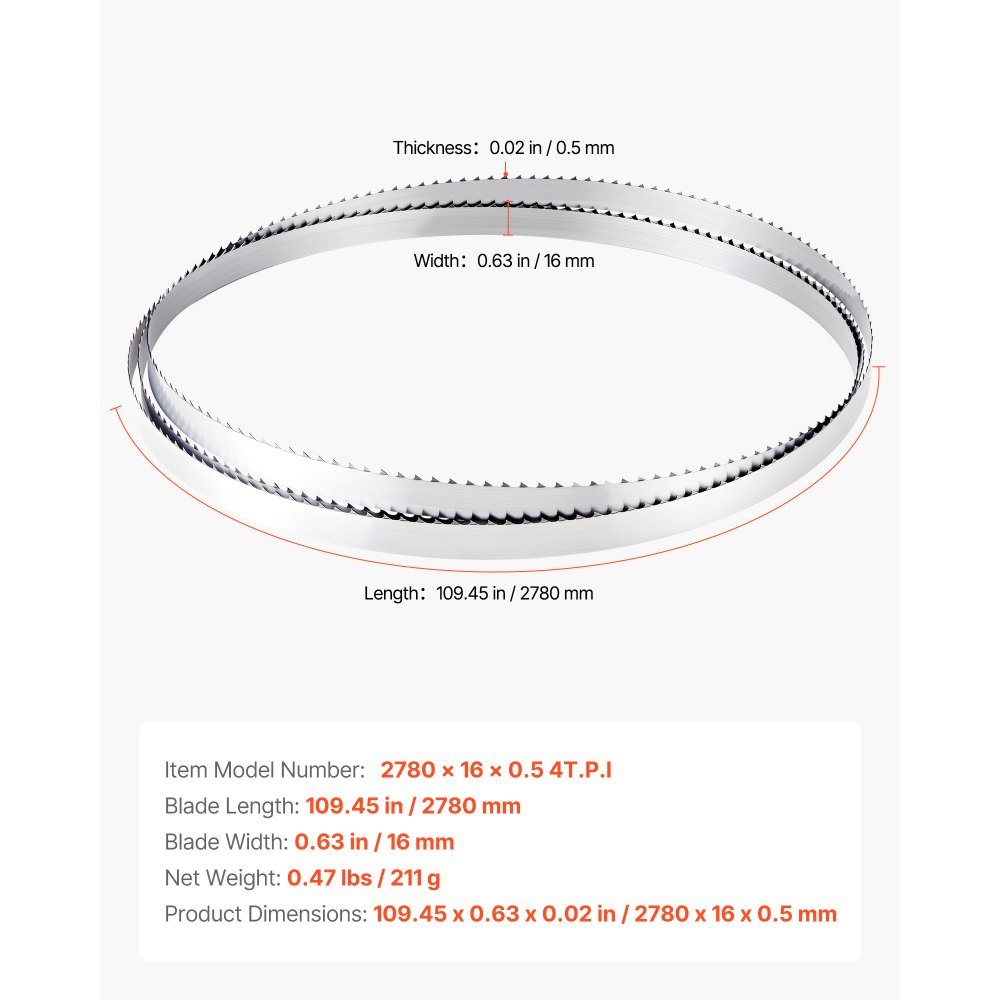 VEVOR Bandsaw Blade, 2780 mm Length, 4 TPI Band Saw Blade with 18 HRC Hardened Sharp Teeth, SK5 High-Strength Carbon Steel, 16 mm Width, Replacement for Major Woodworking Band Saw Brands, 1 Pack