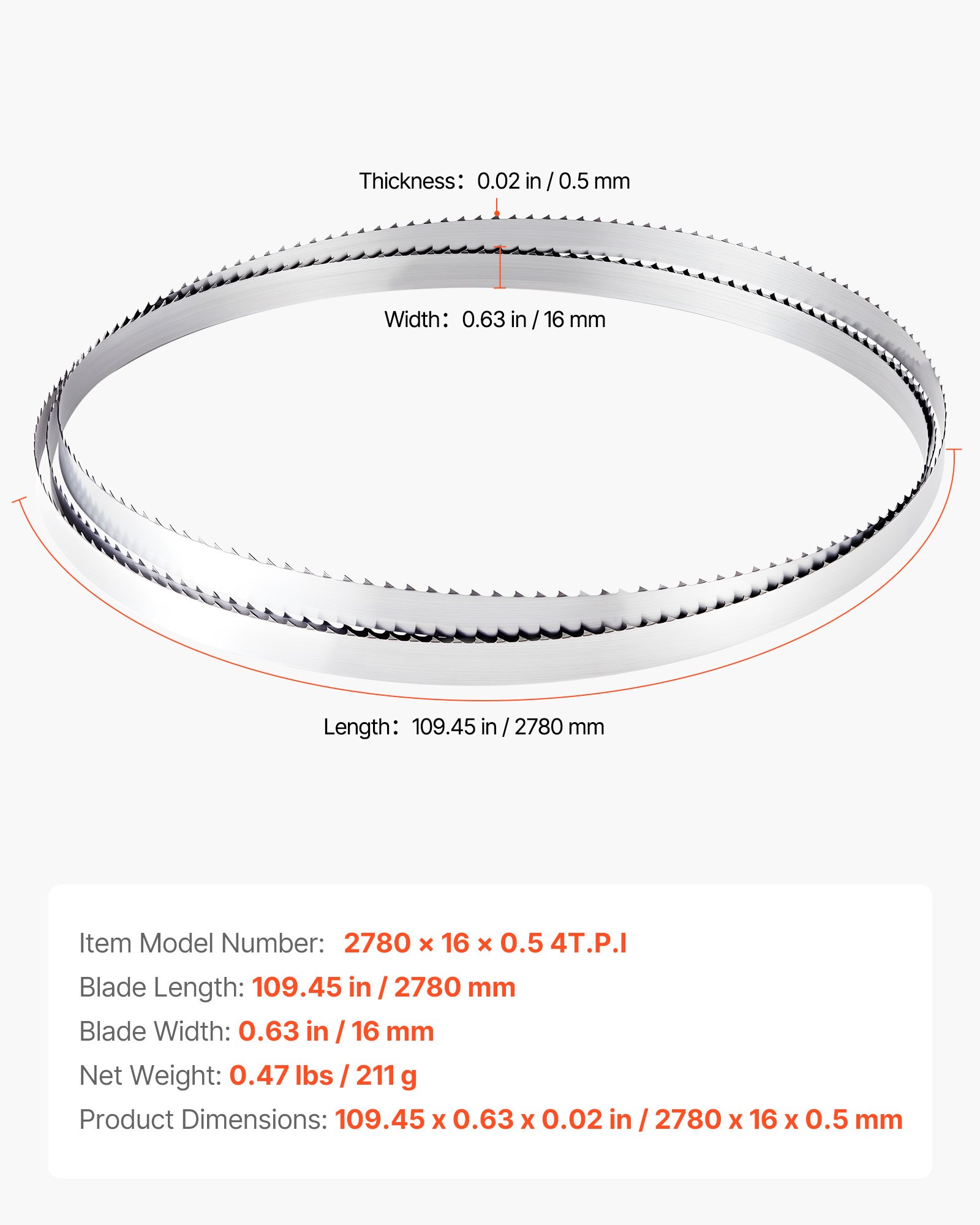 VEVOR Bandsaw Blade, 2780 mm Length, 4 TPI Band Saw Blade with 18 HRC Hardened Sharp Teeth, SK5 High-Strength Carbon Steel, 16 mm Width, Replacement for Major Woodworking Band Saw Brands, 1 Pack