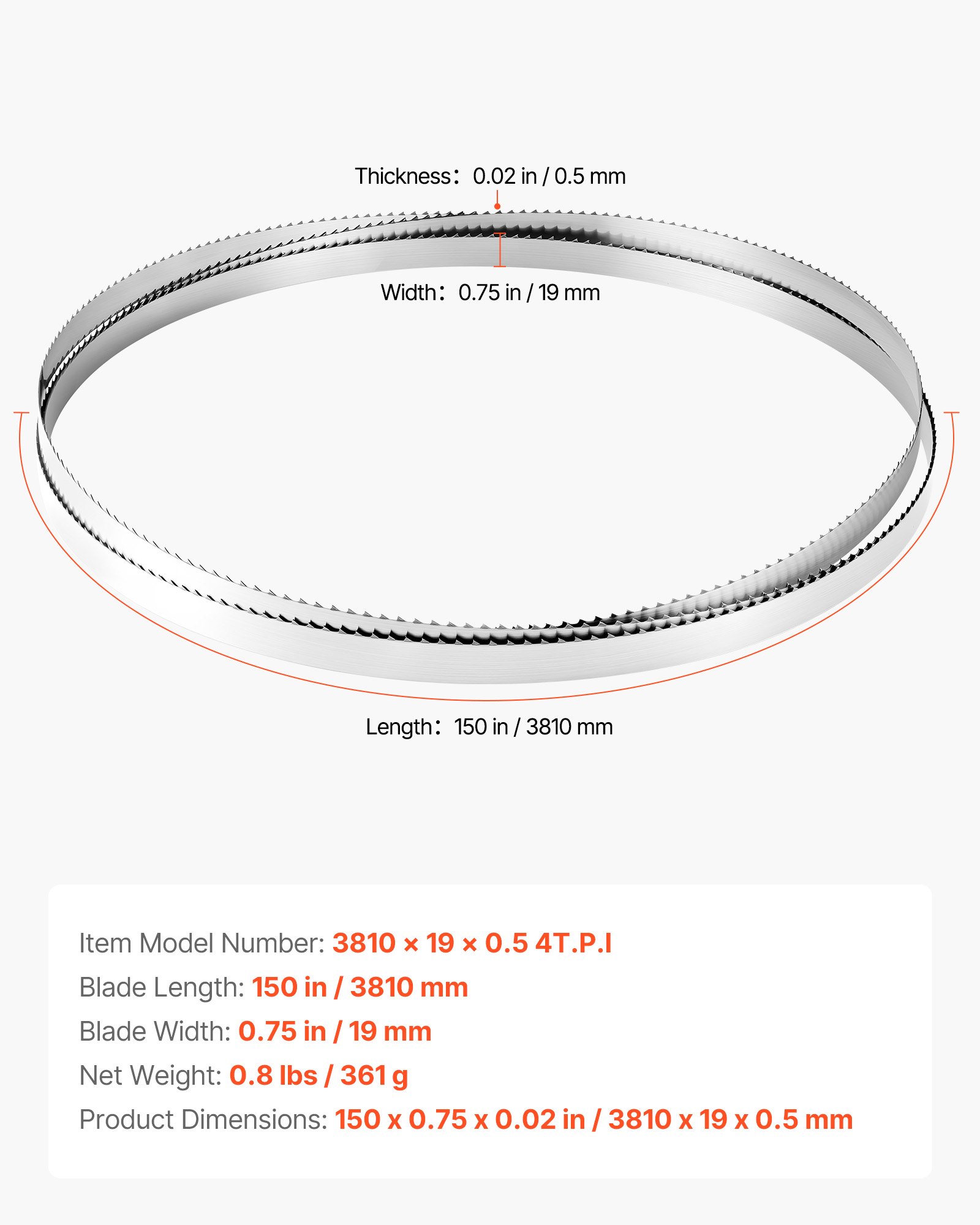 VEVOR Bandsaw Blade, 3810 mm Length, 4 TPI Band Saw Blade with 18 HRC Hardened Sharp Teeth, SK5 High-Strength Carbon Steel, 19 mm Width, Replacement for Major Woodworking Band Saw Brands, 1 Pack