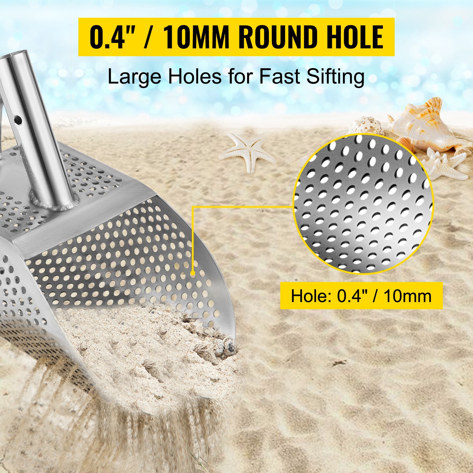 VEVOR Metal Detector Sand Scoop, Stainless Steel Metal Detecting Beach Scoop Scoops, 10 MM Hole Beach Metal Detector Scoop, 1MM Sturdy Light Stainless Steel, for Metal Detecting and Treasure Hunting