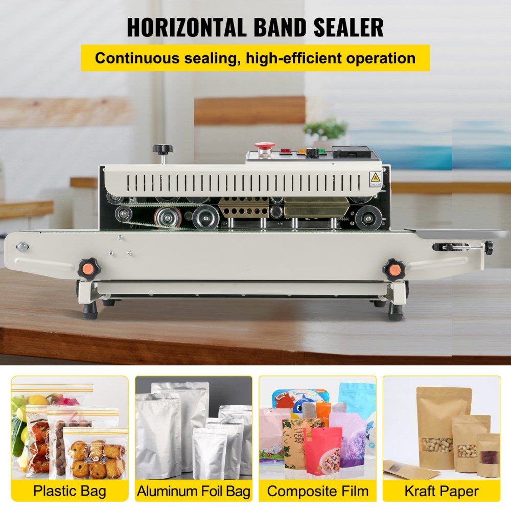 VEVOR Continuous Bag Band Sealing Machine FR770A Horizontal Bag Sealer with Digital Temperature Control Band Sealer Machine for 0.02-0.08 mm Plastic Bags Continuous Band Sealer with Printing Function