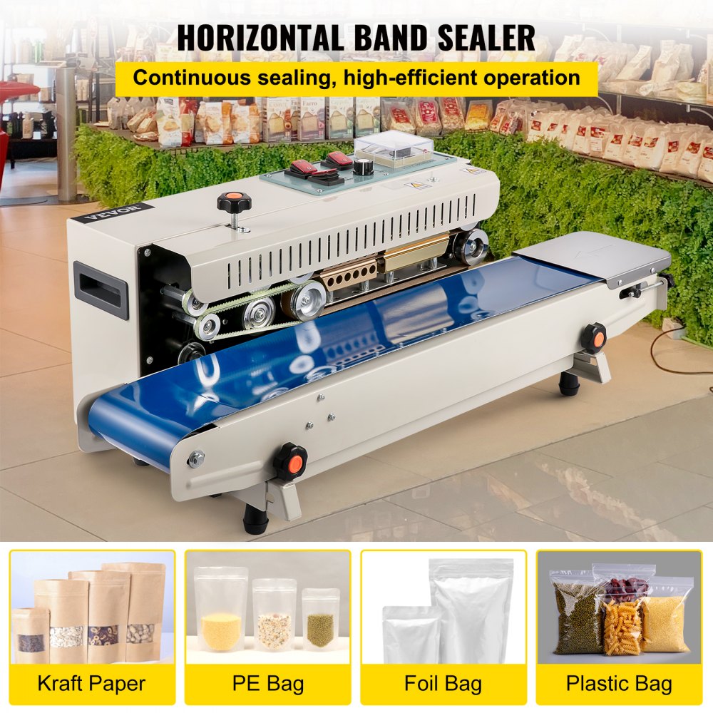 Sellador de banda continua VEVOR, ancho de sellado de 0,24-0,6 pulgadas/6-15 mm, máquina de sellado horizontal FR900 110V/60Hz, sellador térmico de banda con control de temperatura digital para película de bolsa de membrana de PVC