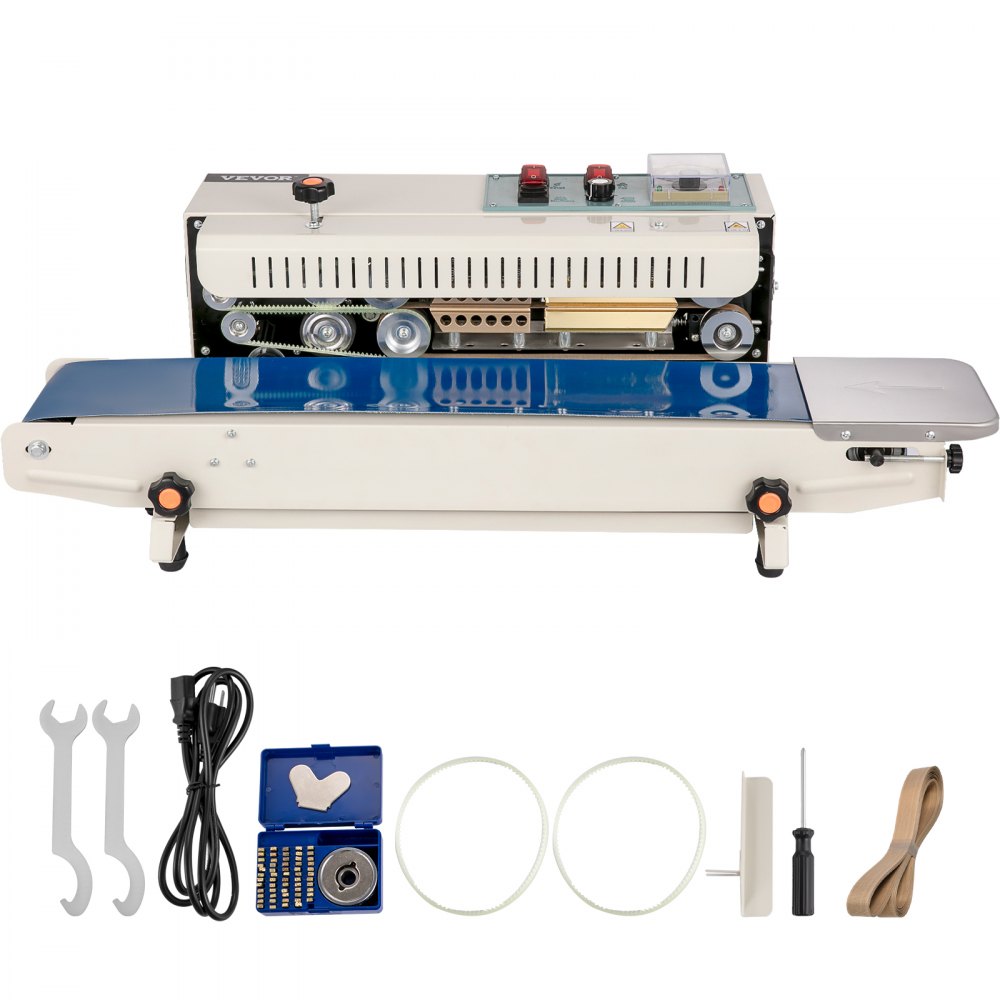 Sellador de banda continua VEVOR, ancho de sellado de 0,24-0,6 pulgadas/6-15 mm, máquina de sellado horizontal FR900 110V/60Hz, sellador térmico de banda con control de temperatura digital para película de bolsa de membrana de PVC