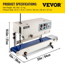 Sellador de banda continua VEVOR, ancho de sellado de 0,24-0,6 pulgadas/6-15 mm, máquina de sellado horizontal FR900 110V/60Hz, sellador térmico de banda con control de temperatura digital para película de bolsa de membrana de PVC
