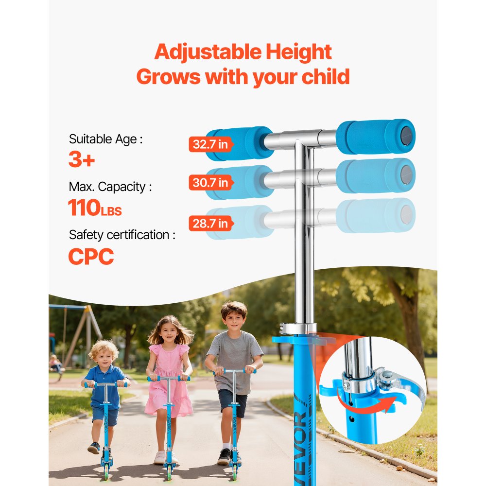 VEVOR Kick Scooter for Kids Ages 3+, 2-Wheel Toddler Scooter with Light-Up Wheels, Adjustable Height Handlebar, Wide Anti-Slip Deck, Foldable Lightweight Frame for Boys and Girls up to 49.9 kg, Blue