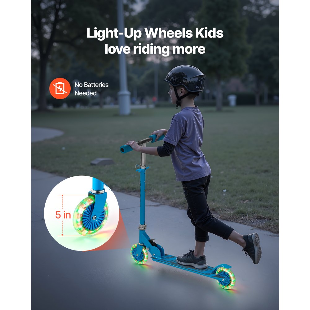 VEVOR Kick Scooter for Kids Ages 3+, 2-Wheel Toddler Scooter with Light-Up Wheels, Adjustable Height Handlebar, Wide Anti-Slip Deck, Foldable Lightweight Frame for Boys and Girls up to 49.9 kg, Blue