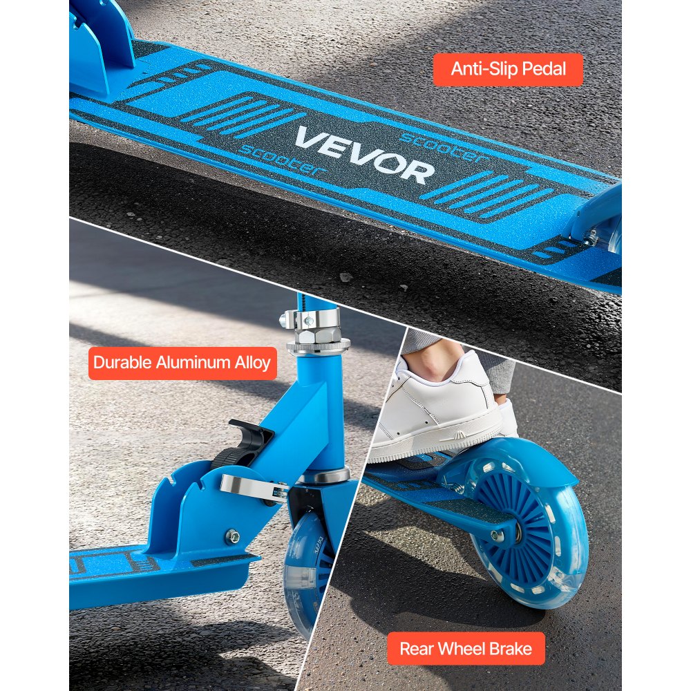 VEVOR Kick Scooter for Kids Ages 3+, 2-Wheel Toddler Scooter with Light-Up Wheels, Adjustable Height Handlebar, Wide Anti-Slip Deck, Foldable Lightweight Frame for Boys and Girls up to 49.9 kg, Blue