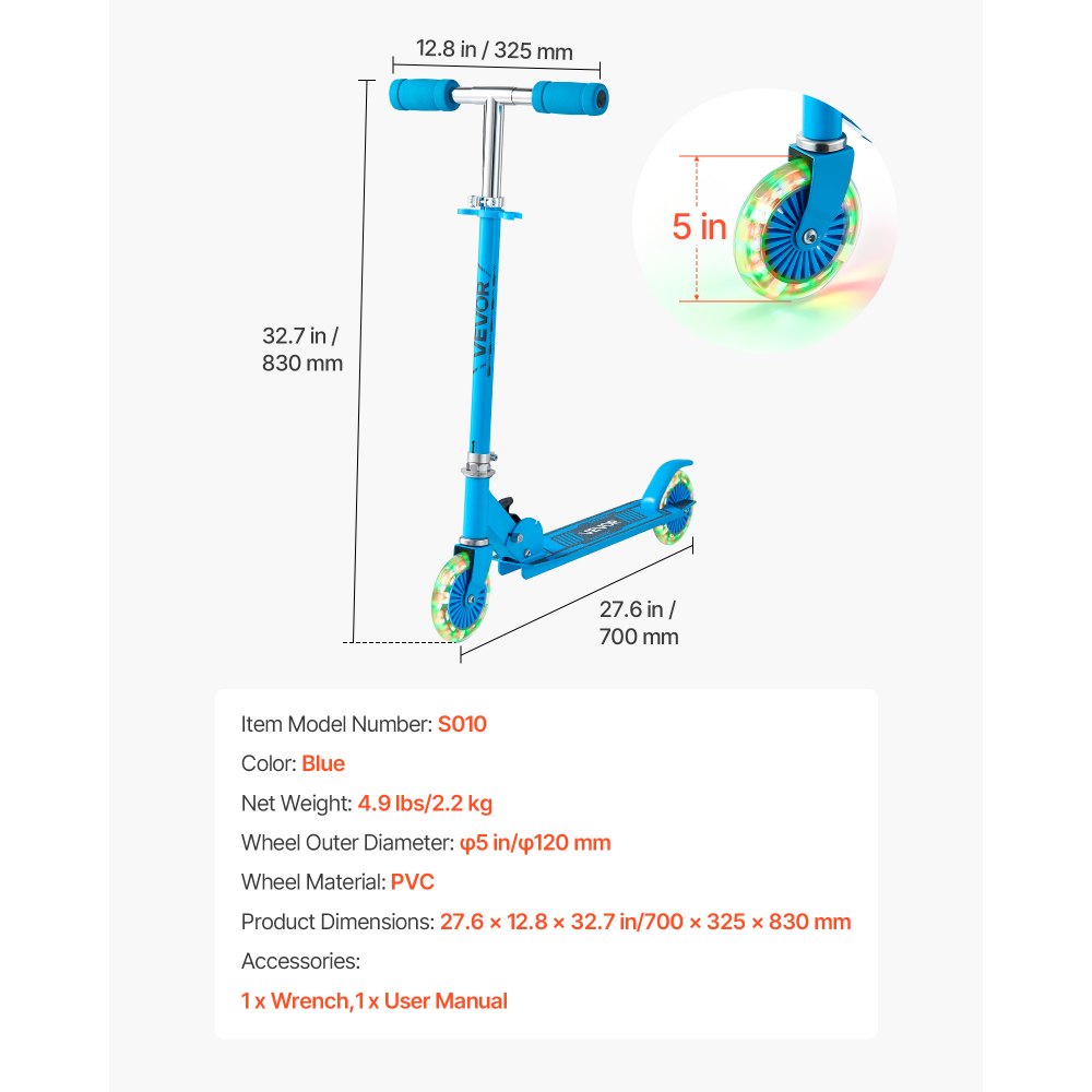 VEVOR Kick Scooter for Kids Ages 3+, 2-Wheel Toddler Scooter with Light-Up Wheels, Adjustable Height Handlebar, Wide Anti-Slip Deck, Foldable Lightweight Frame for Boys and Girls up to 49.9 kg, Blue