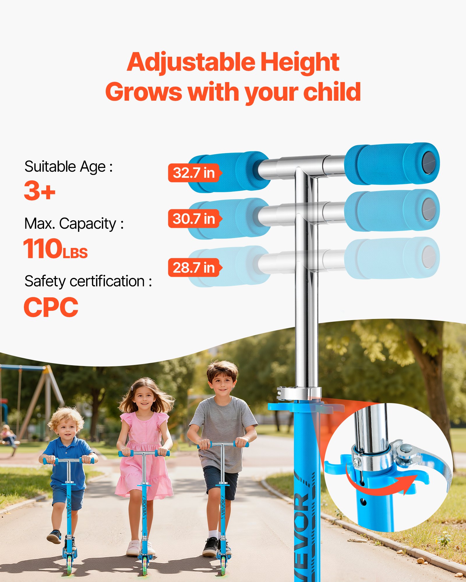 VEVOR Kick Scooter for Kids Ages 3+, 2-Wheel Toddler Scooter with Light-Up Wheels, Adjustable Height Handlebar, Wide Anti-Slip Deck, Foldable Lightweight Frame for Boys and Girls up to 49.9 kg, Blue