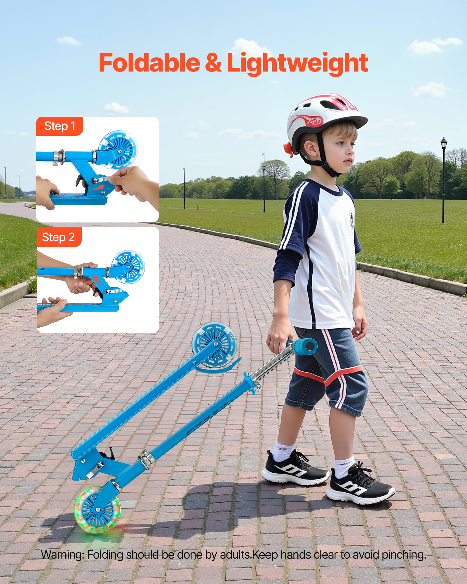 VEVOR Kick Scooter for Kids Ages 3+, 2-Wheel Toddler Scooter with Light-Up Wheels, Adjustable Height Handlebar, Wide Anti-Slip Deck, Foldable Lightweight Frame for Boys and Girls up to 49.9 kg, Blue