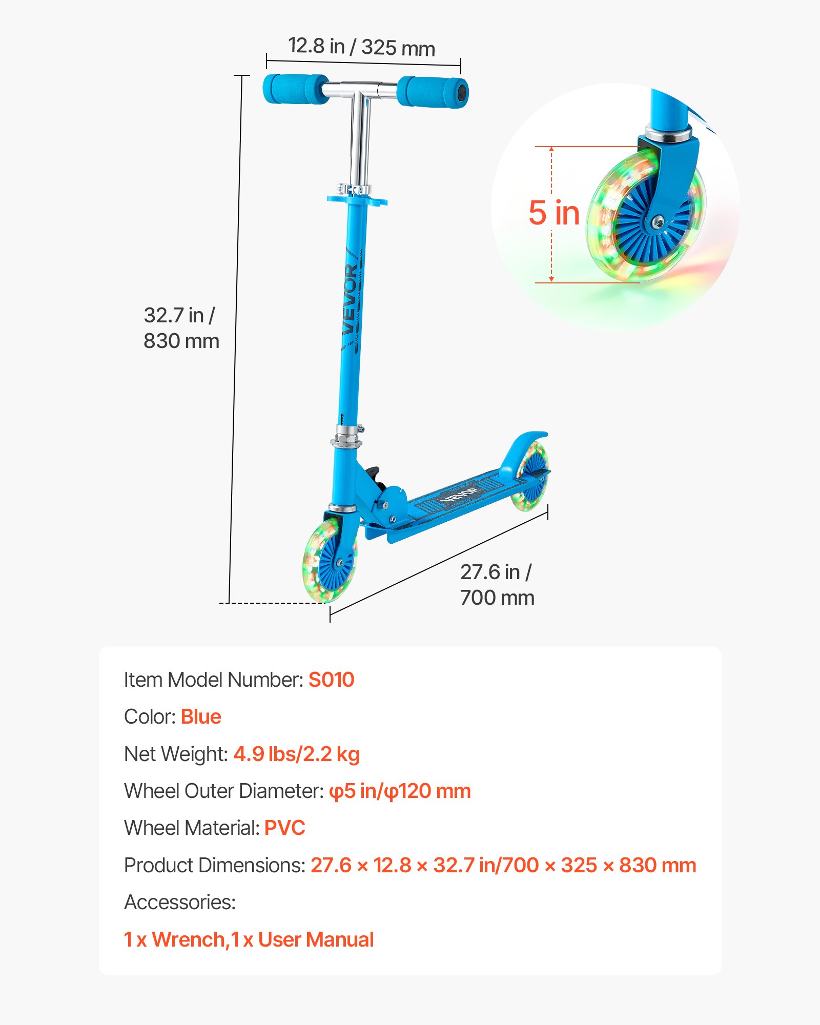 VEVOR Kick Scooter for Kids Ages 3+, 2-Wheel Toddler Scooter with Light-Up Wheels, Adjustable Height Handlebar, Wide Anti-Slip Deck, Foldable Lightweight Frame for Boys and Girls up to 49.9 kg, Blue