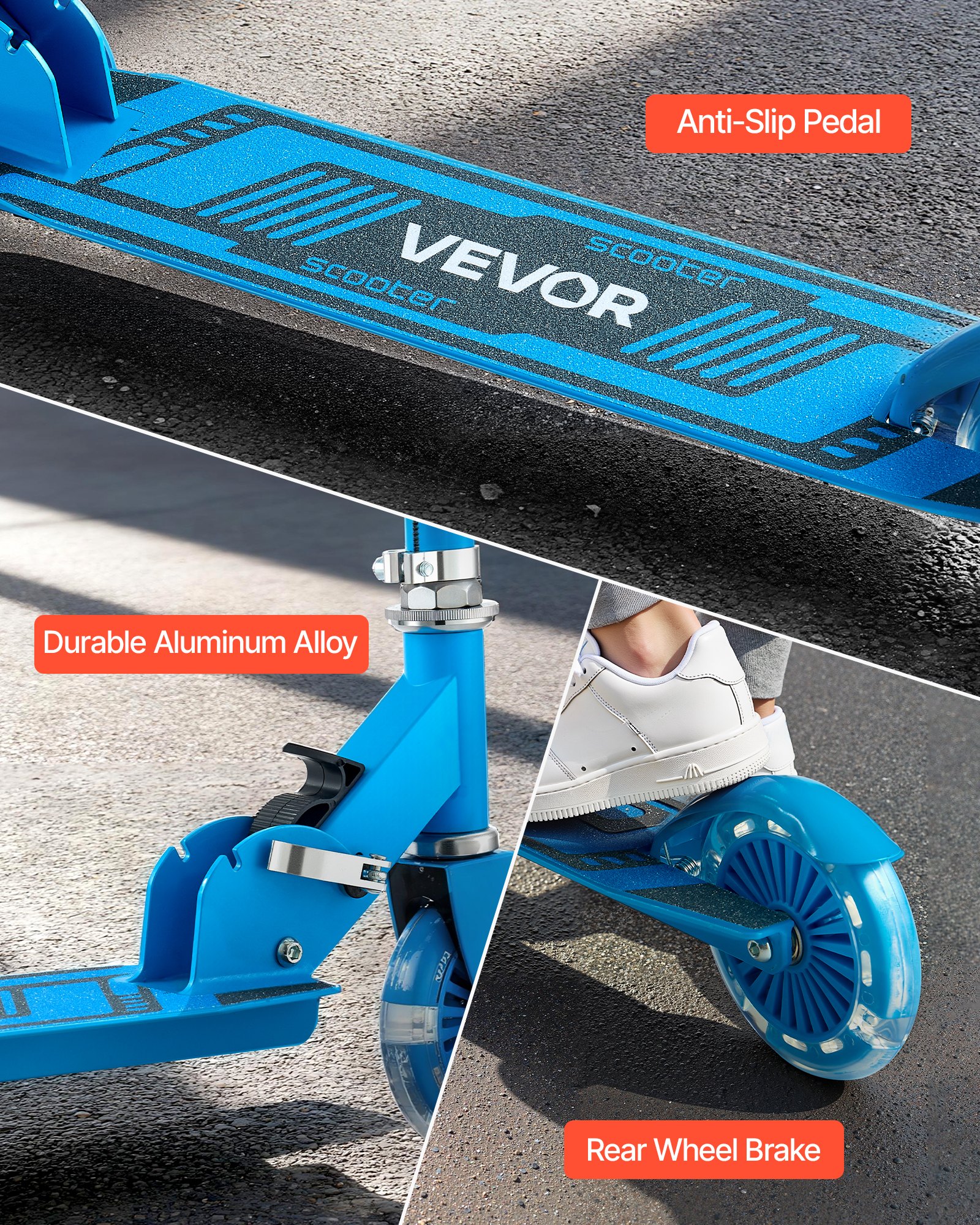VEVOR Kick Scooter for Kids Ages 3+, 2-Wheel Toddler Scooter with Light-Up Wheels, Adjustable Height Handlebar, Wide Anti-Slip Deck, Foldable Lightweight Frame for Boys and Girls up to 49.9 kg, Blue
