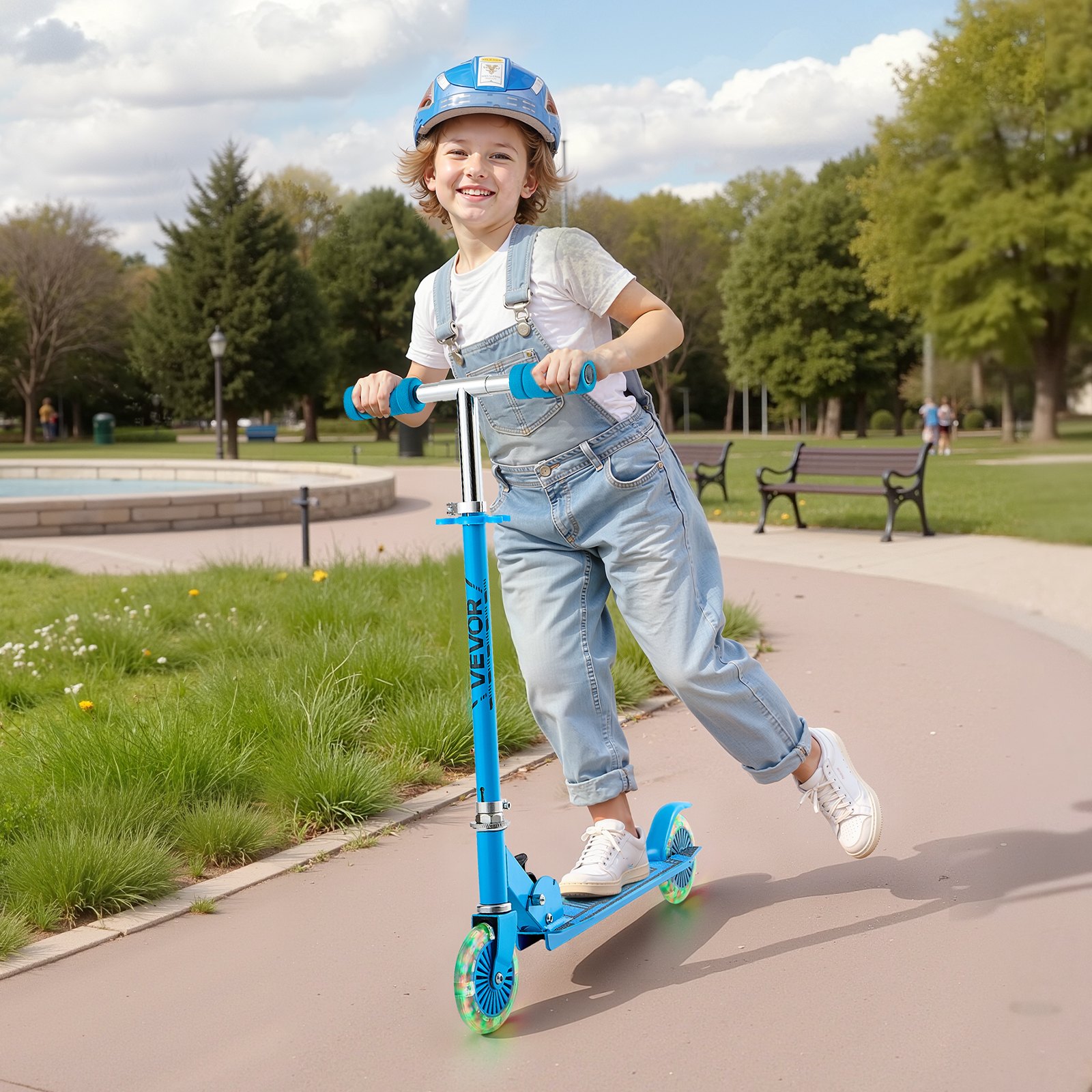 VEVOR Kick Scooter for Kids Ages 3+, 2-Wheel Toddler Scooter with Light-Up Wheels, Adjustable Height Handlebar, Wide Anti-Slip Deck, Foldable Lightweight Frame for Boys and Girls up to 49.9 kg, Blue